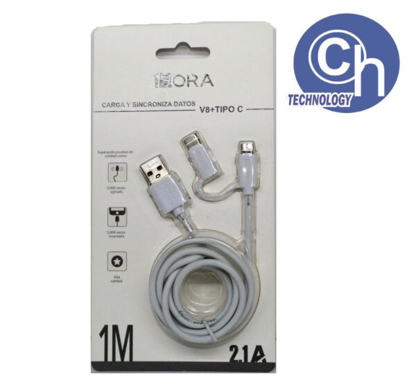 CABLE USB V8 + TIPO C 1 HORA 1M BLANCO B