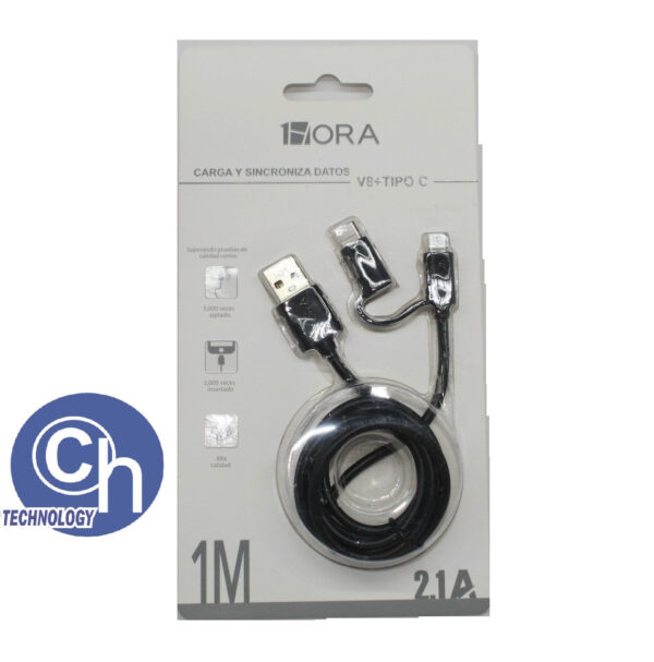 CABLE USB V8 + TIPO C 1 HORA 1M NEGRO